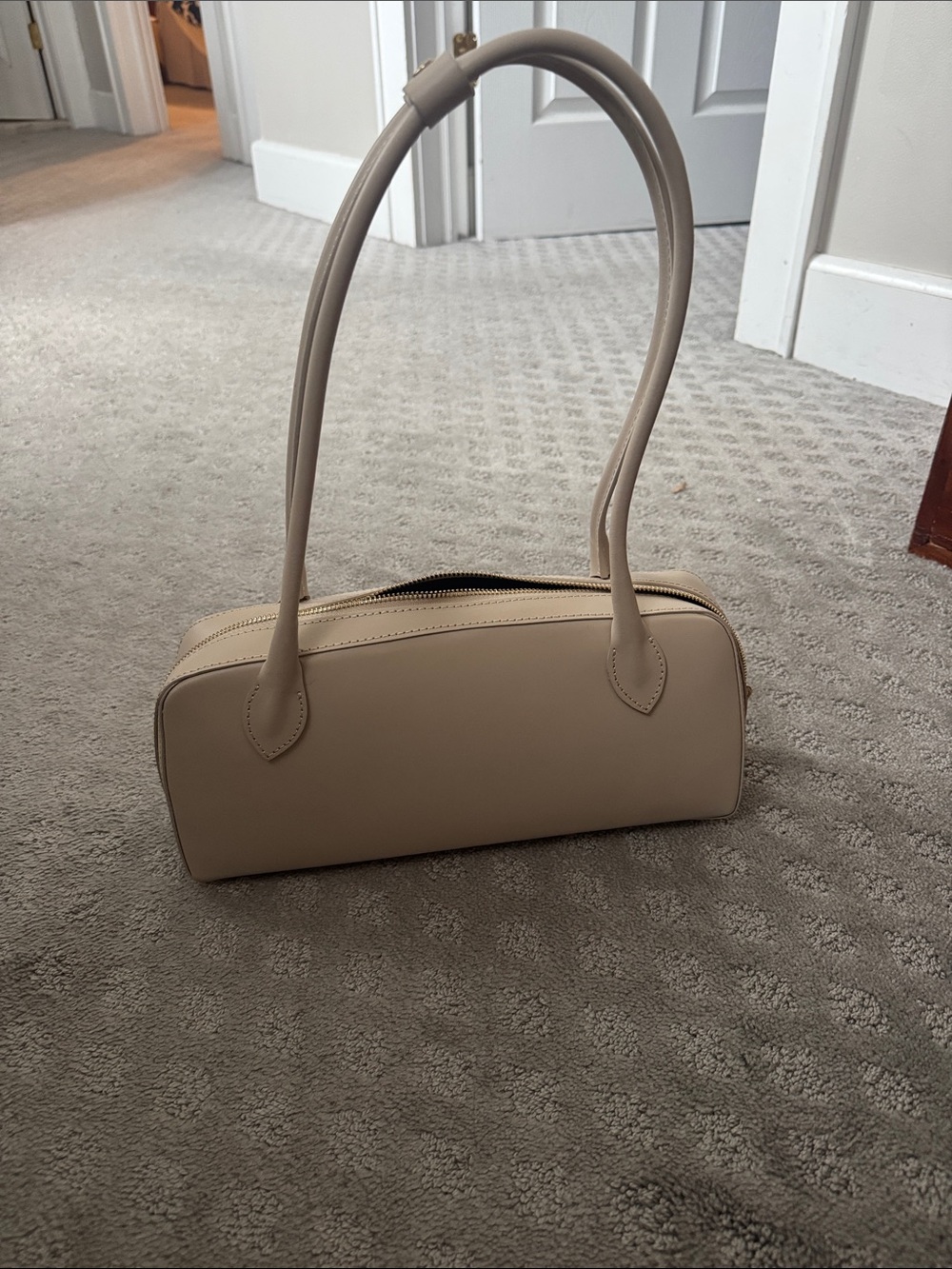 Minimalist Cream Shoulder Bag with Curved Handles east west bag